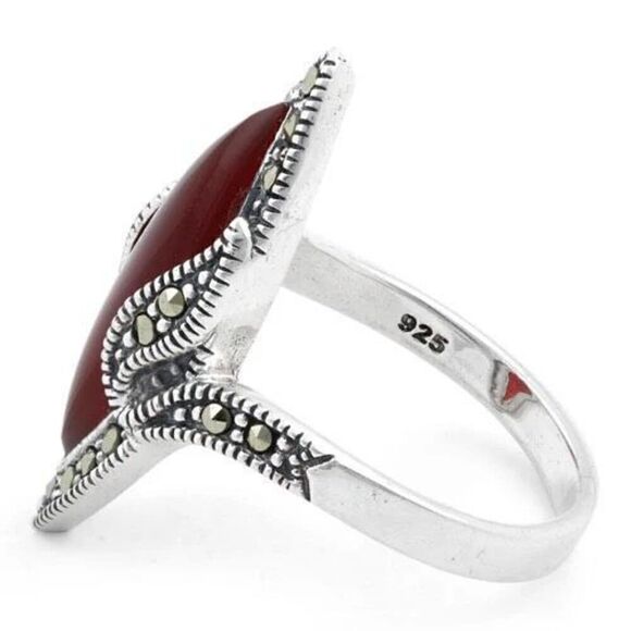 Sterling Silver Red Agate Marquise Marcasite Ring New - Picture 4 of 6